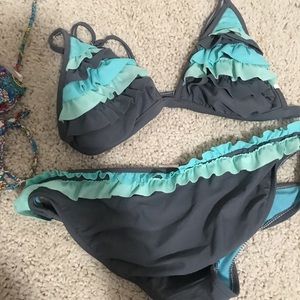 Blue and gray ruffle but bikini